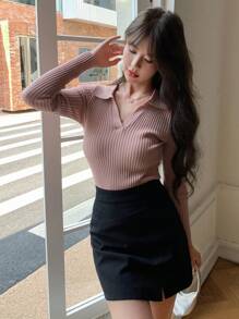 DAZY 女士纯色圆领长袖休闲商务毛衣，秋季，长袖上衣，秋季女装 - 粉色 - 查看 9