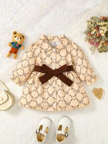 女嬰愛心圖案荷葉袖腰帶襯衫洋裝