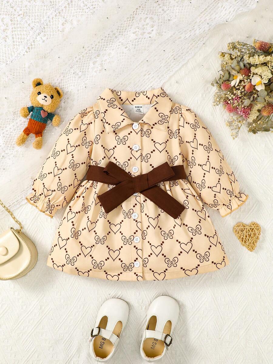 女嬰愛心圖案荷葉袖腰帶襯衫洋裝