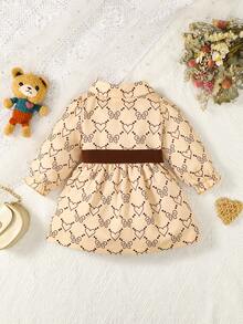 女嬰愛心圖案荷葉袖腰帶襯衫洋裝