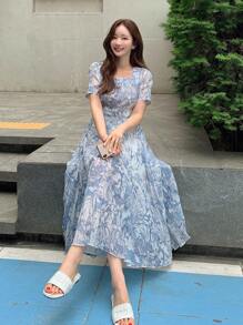 DAZY Allover Print Puff Sleeve Pleated Hem Dress Floral Sundress