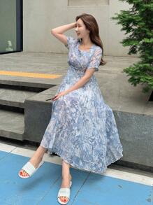 DAZY Allover Print Puff Sleeve Pleated Hem Dress Floral Sundress