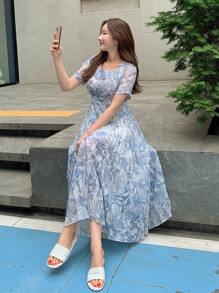 DAZY Allover Print Puff Sleeve Pleated Hem Dress Floral Sundress