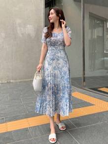 DAZY Allover Print Puff Sleeve Pleated Hem Dress Floral Sundress