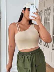 SHEIN EZwear Hơn Cổ không đối xứng Top Cây trồng - Màu be - Xem 7