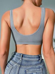 Women's Simple Grey Ribbed High Stretch Fabric Bralette For Everyday Comfort - Grey - View 2