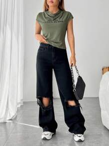 SHEIN EZwear Slogan Graphic Draped Collar Tee - Green - View 4