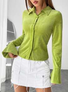 SHEIN EZwear 喇叭袖前紐扣襯衫 - 綠色 - 查看 3