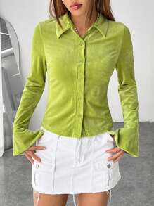 SHEIN EZwear 喇叭袖前紐扣襯衫 - 綠色 - 查看 7