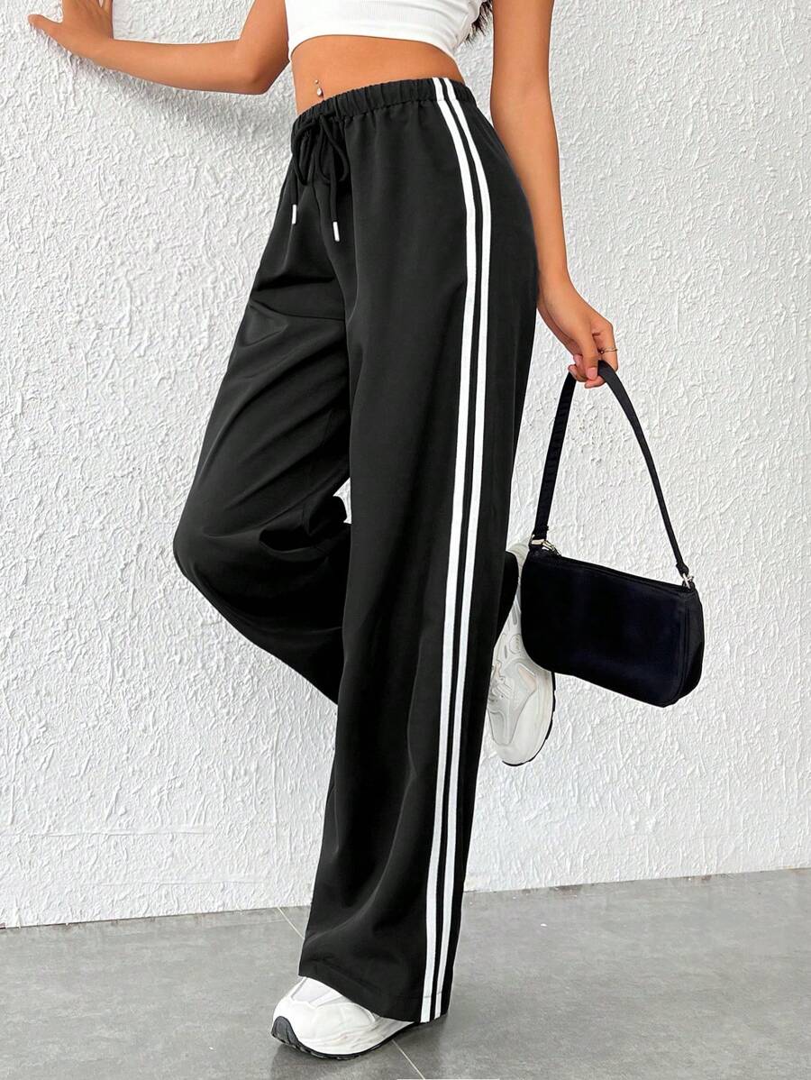 SHEIN EZwear 條紋圖案側腰部抽繩闊腿褲