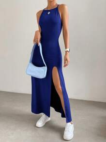 SHEIN EZwear Vestido de tirantes unicolor de muslo con abertura - Azul - Ver 1