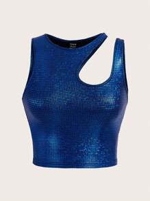 SHEIN ICON Cut Out Metallic Crop Tank Top - Navy Blue - View 1