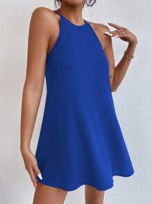 SHEIN PETITE Solid Keyhole Back Halter Neck Dress - Royal Blue - View 3