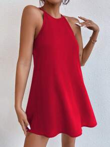 SHEIN PETITE Solid Keyhole Back Halter Neck Dress - Red - View 3