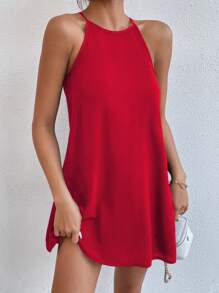 SHEIN PETITE Solid Keyhole Back Halter Neck Dress - Red - View 4