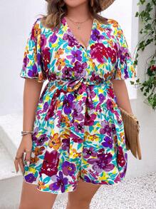 SHEIN Holidaya Plus Floral Print Belted Romper - Multicolor - View 1