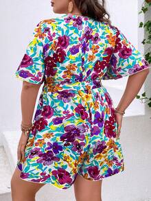 SHEIN Holidaya Plus Floral Print Belted Romper - Multicolor - View 2