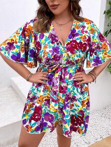SHEIN Holidaya Plus Floral Print Belted Romper - Multicolor - View 3
