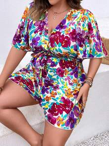 SHEIN Holidaya Plus Floral Print Belted Romper - Multicolor - View 6