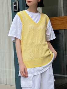 DAZY 素色V領毛衣背心不帶T恤 - 黃色 - 查看 5