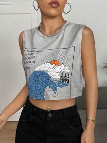 SHEIN EZwear Xoăn Sóng & Đồ họa Khẩu hiệu Crop Tank Top - Xám - Xem 1