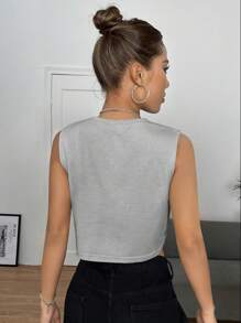SHEIN EZwear Xoăn Sóng & Đồ họa Khẩu hiệu Crop Tank Top - Xám - Xem 2
