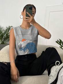 SHEIN EZwear Xoăn Sóng & Đồ họa Khẩu hiệu Crop Tank Top - Xám - Xem 3