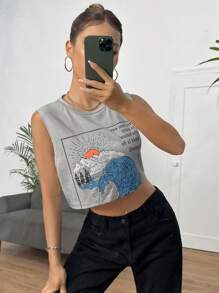 SHEIN EZwear Xoăn Sóng & Đồ họa Khẩu hiệu Crop Tank Top - Xám - Xem 5