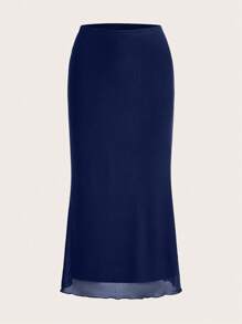 SHEIN EZwear Solid Lettuce Trim Mermaid Hem Skirt