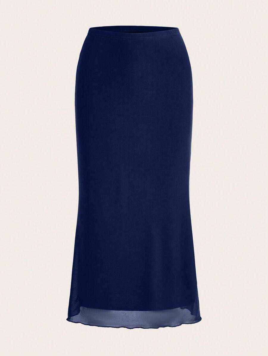 SHEIN EZwear Solid Lettuce Trim Mermaid Hem Skirt