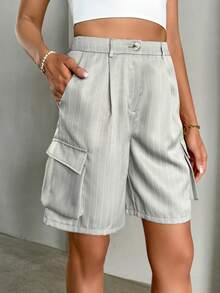 SHEIN Essnce Striped Flap Pocket Side Shorts - Light Grey - View 5