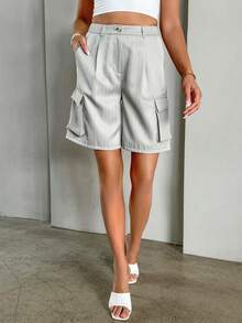 SHEIN Essnce Striped Flap Pocket Side Shorts - Light Grey - View 4