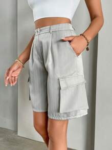 SHEIN Essnce Striped Flap Pocket Side Shorts - Light Grey - View 1