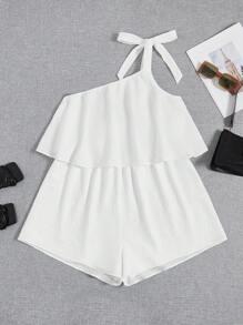 SHEIN VCAY 大碼單肩打結細節連身短褲 - 白色 - 查看 3