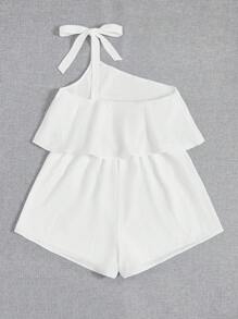 SHEIN VCAY 大碼單肩打結細節連身短褲 - 白色 - 查看 4