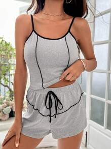 撞色滾邊吊帶上衣&前繫帶短褲休閒服套裝 - 淺灰色 - 查看 5