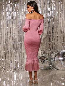 SHEIN Maternity Off Shoulder Flare Sleeve Mermaid Hem Shirred Dress - Dusty Pink - View 2