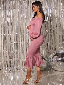 SHEIN Maternity Off Shoulder Flare Sleeve Mermaid Hem Shirred Dress - Dusty Pink - View 3