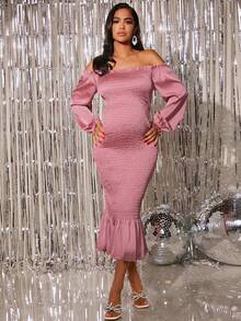 SHEIN Maternity Off Shoulder Flare Sleeve Mermaid Hem Shirred Dress - Dusty Pink - View 6