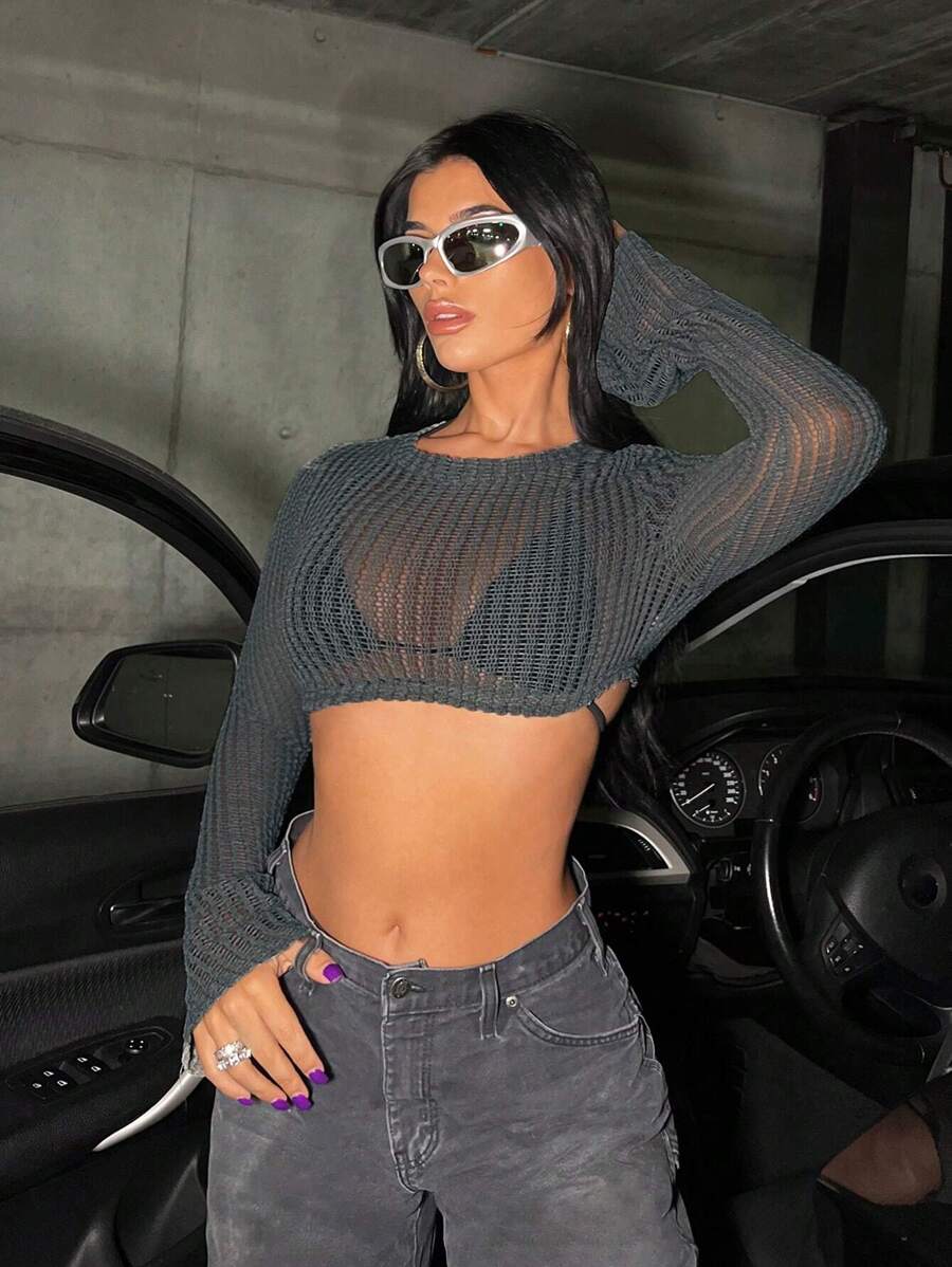 SHEIN ICON 春季實色無胸墊短款上衣 - 深灰色 - 查看 1