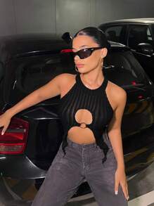 SHEIN ICON Ring Linked Cut Out Asymmetrical Hem Crop Tank Top - Black - View 4