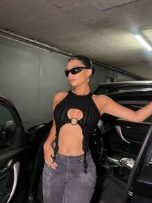 SHEIN ICON Ring Linked Cut Out Asymmetrical Hem Crop Tank Top - Black - View 6