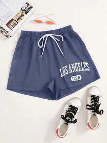 SHEIN Unity Text Grafik Dragsko i Midjan Träningsshorts - Blå - Visa 1