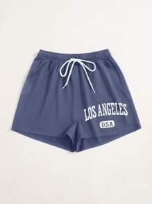 SHEIN Unity Text Grafik Dragsko i Midjan Träningsshorts - Blå - Visa 3