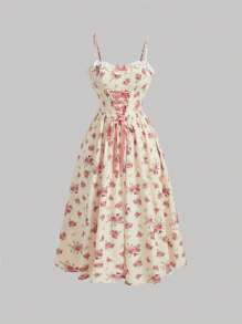 SHEIN MOD In hoa Lace lên phía trước Hai Dây Ren Vá lại Nơ Nghệ Embellished Cúp Dài Đầm - Nhiều màu - Xem 1