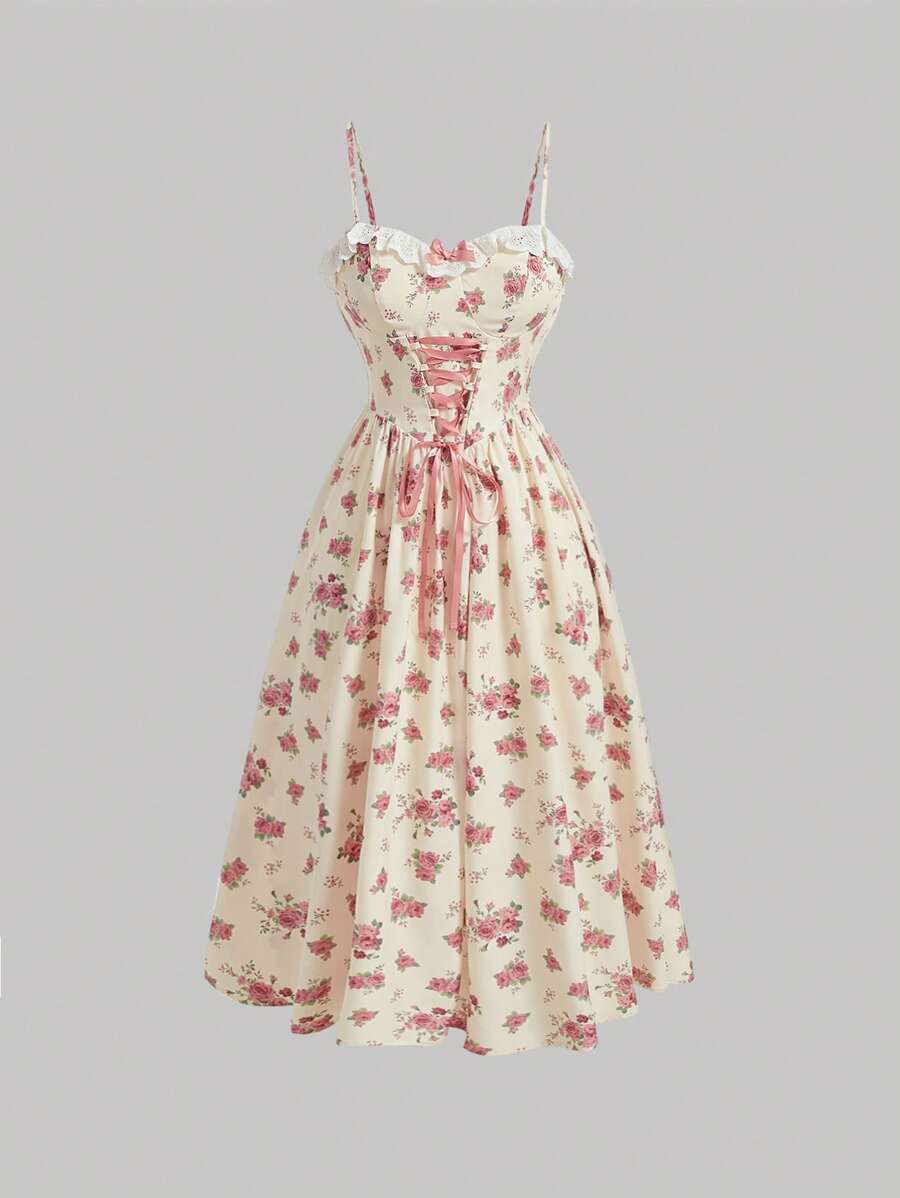 SHEIN MOD In hoa Lace lên phía trước Hai Dây Ren Vá lại Nơ Nghệ Embellished Cúp Dài Đầm - Nhiều màu - Xem 1