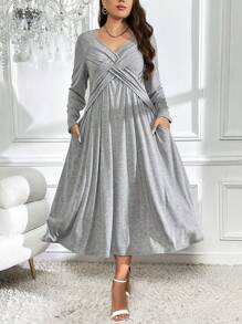 SHEIN Clasi Plus Solid Criss Cross Front Dress - Grey - View 1