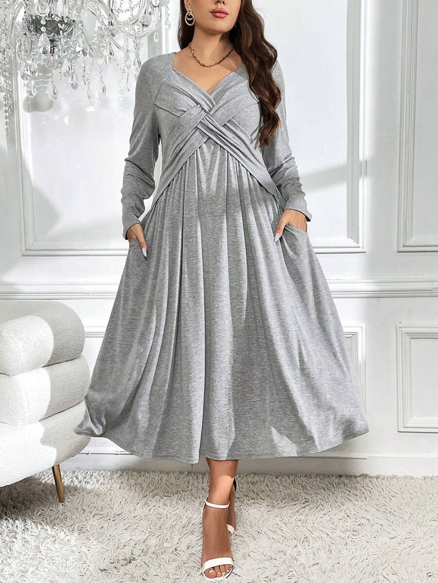 SHEIN Clasi Plus Solid Criss Cross Front Dress - Grey - View 1