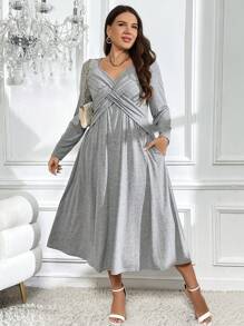SHEIN Clasi Plus Solid Criss Cross Front Dress - Grey - View 5