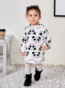 SHEIN 可愛卡通熊貓圖案毛茸茸連帽長袖運動衫連身裙女嬰休閒裝 - 白色 - 查看 1